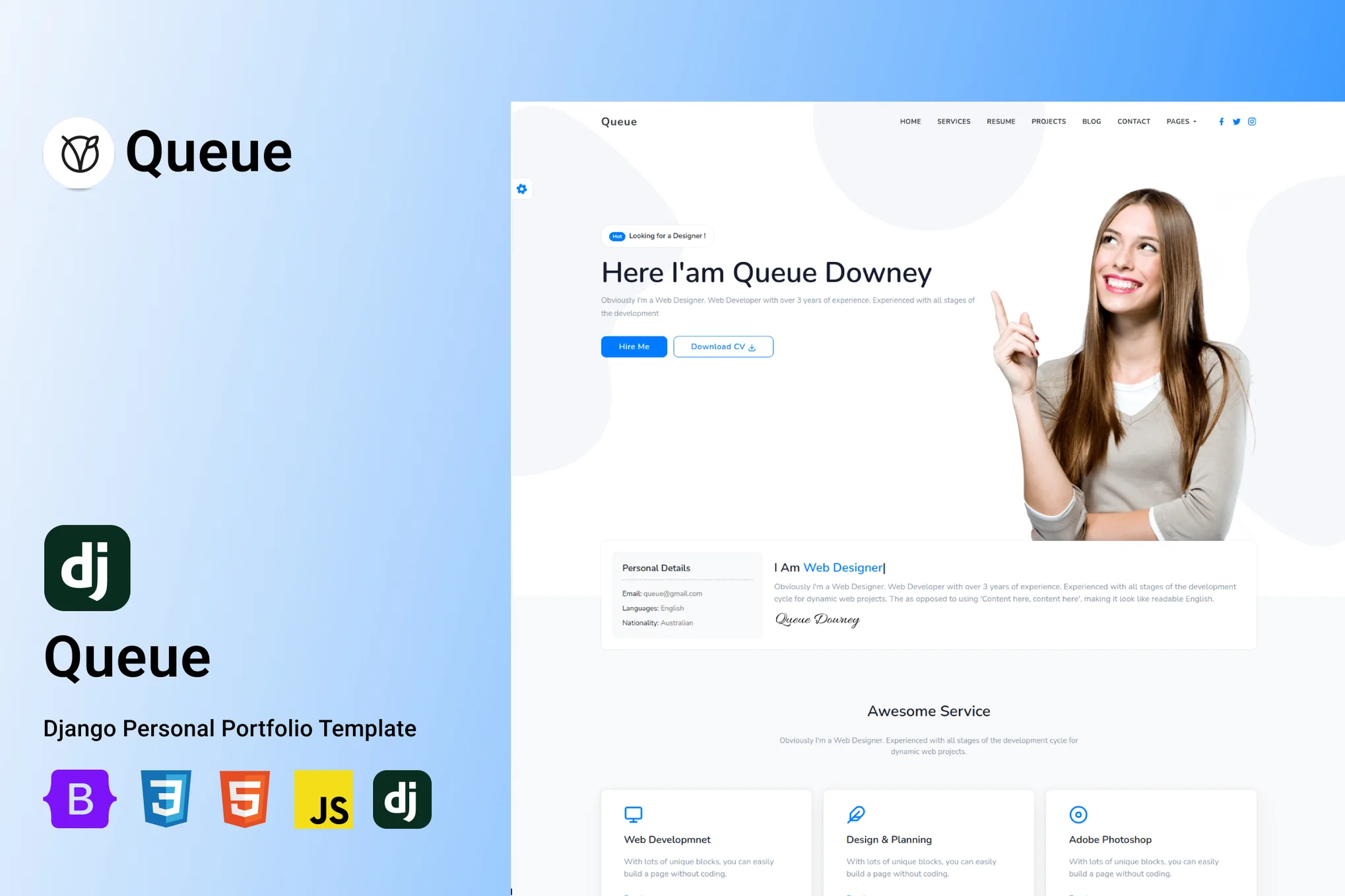 Giao diện Queue – Mẫu portfolio cá nhân responsive